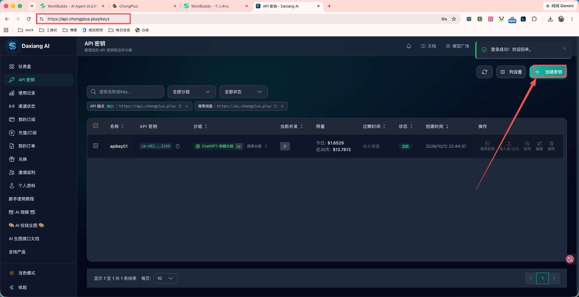 创建 Daxiang AI API Key