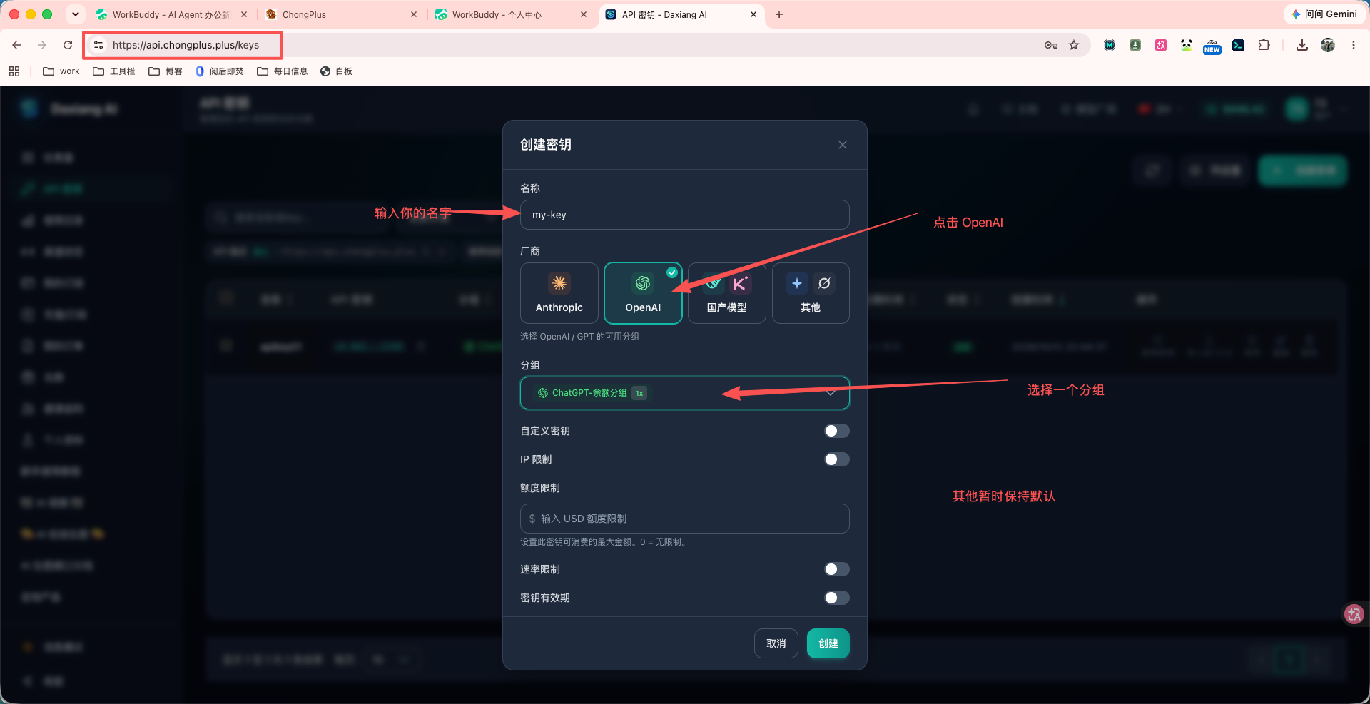 创建 Daxiang AI API Key